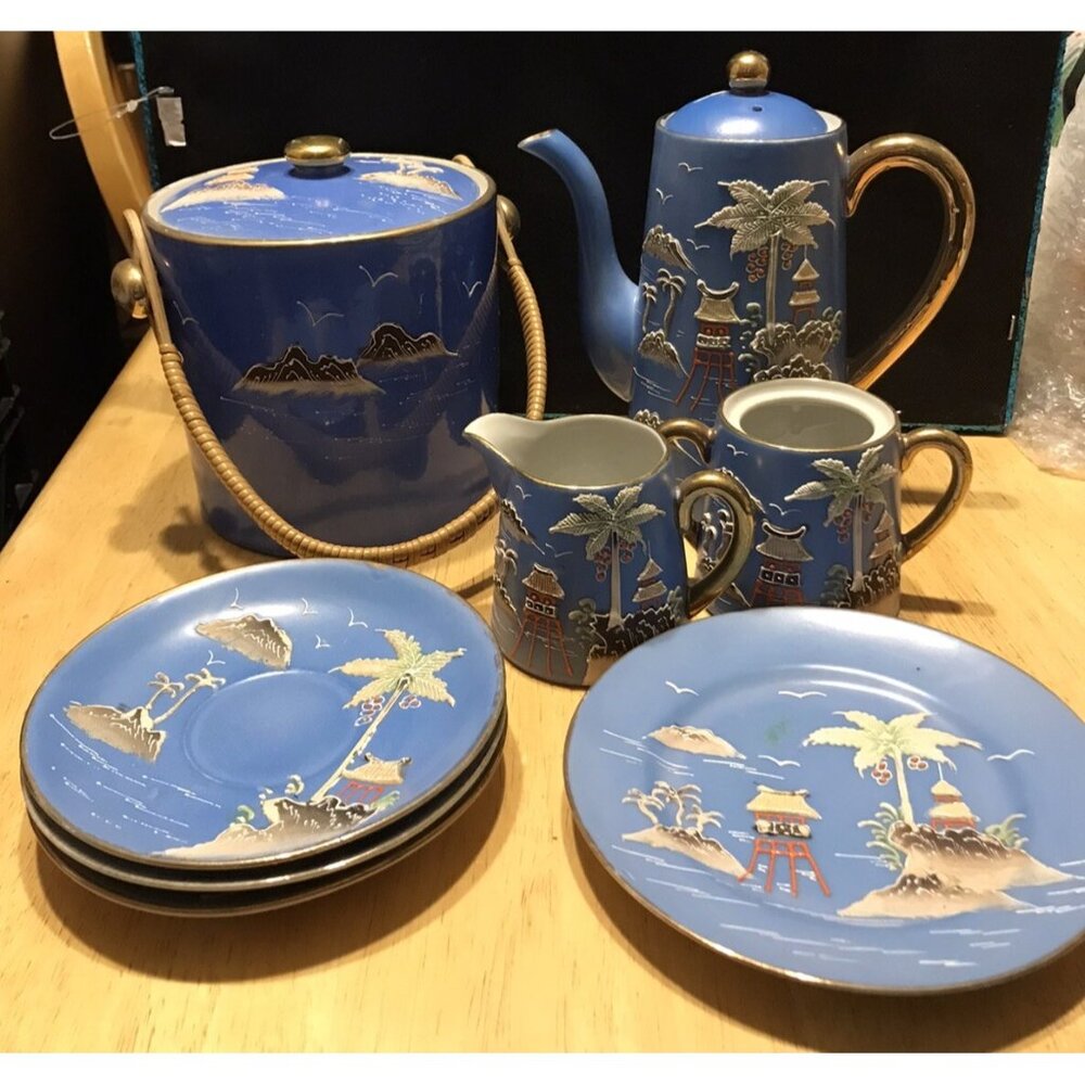 1920s Morimura Japan Moriage Tea Set Coffee Island Palm Trees Pagoda Gaudy Blue
